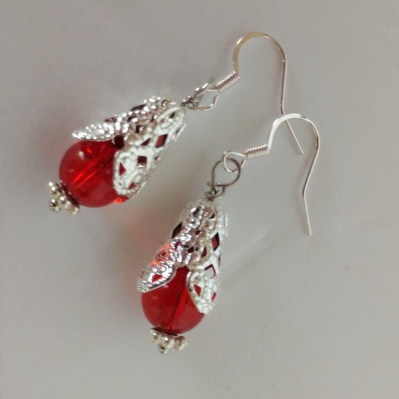 Handmade Red and Silver Filigree Beaded Earrings On Silver Tone Fishhooks 1.75in - Picture 12 of 14